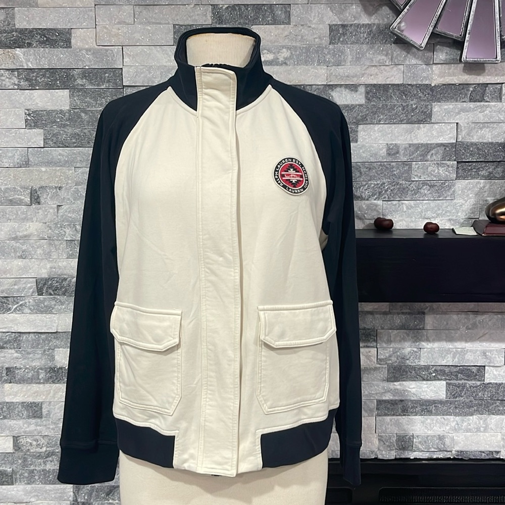 Lauren Ralph Lauren Jacket Women L  White Black Patch Logo Zip Up Performance